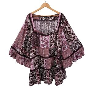 City Chic Lailah Top XXL 24 Purple Patchwork Floral Boho Bell Sleeve Tunic Ruffl